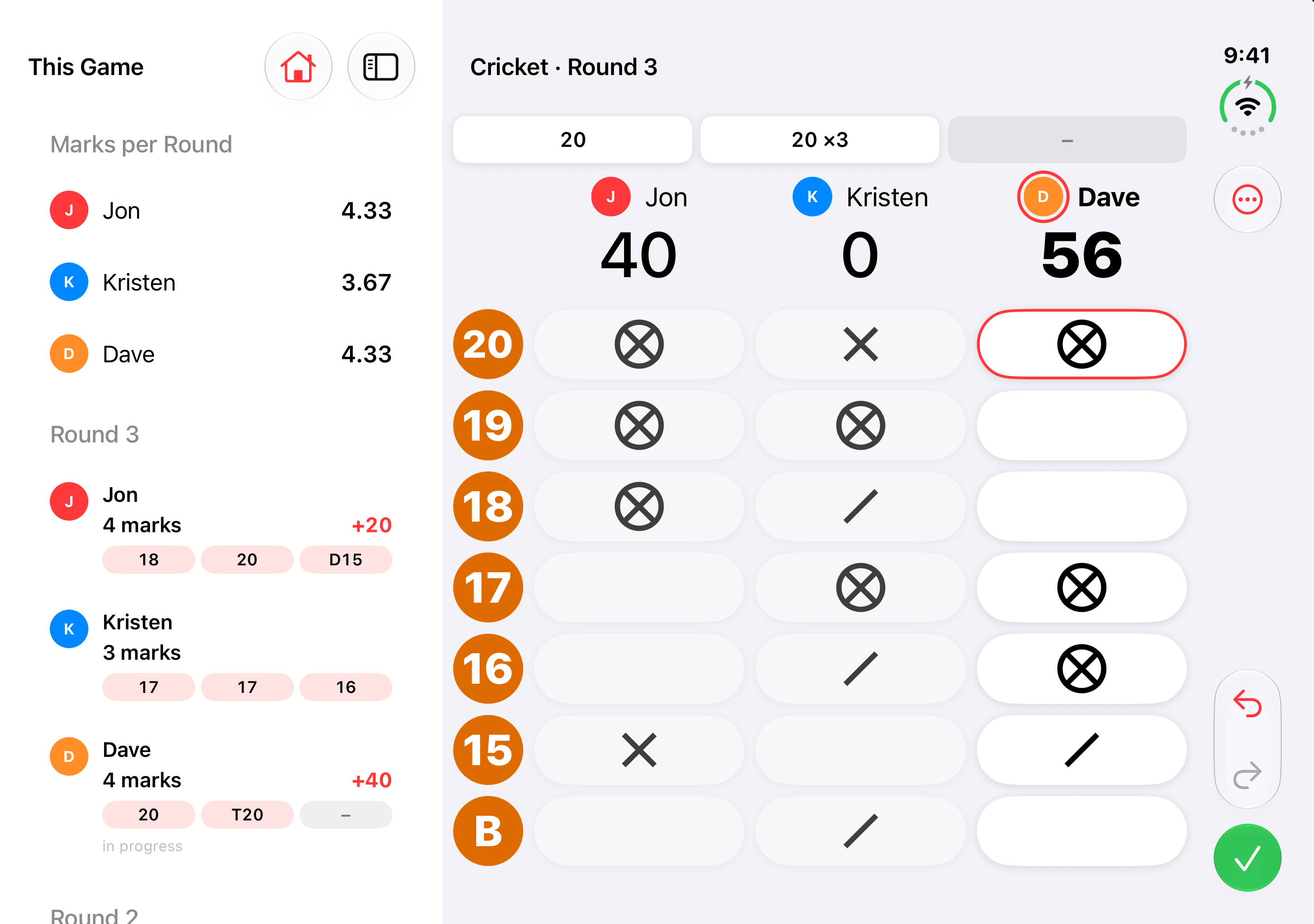 Dart Scoreboard on an open iPhone Duo: the Cricket board for Jon, Kristen and Dave beside This Game, with each player's average and every turn.