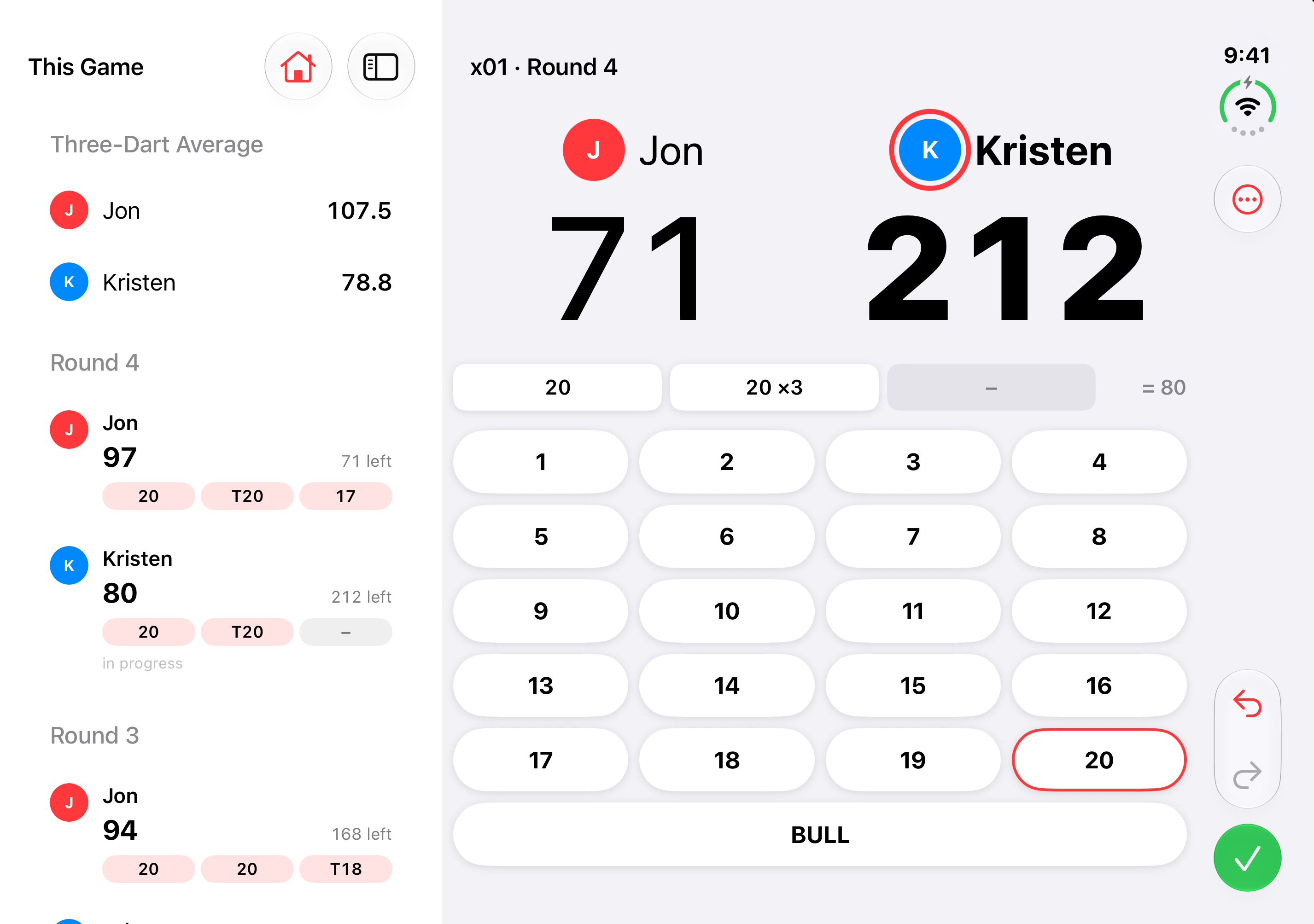 Dart Scoreboard on an open iPhone Duo: a 301 game, Jon on 71 and Kristen on 212, with the number keys and each player's turns beside them.