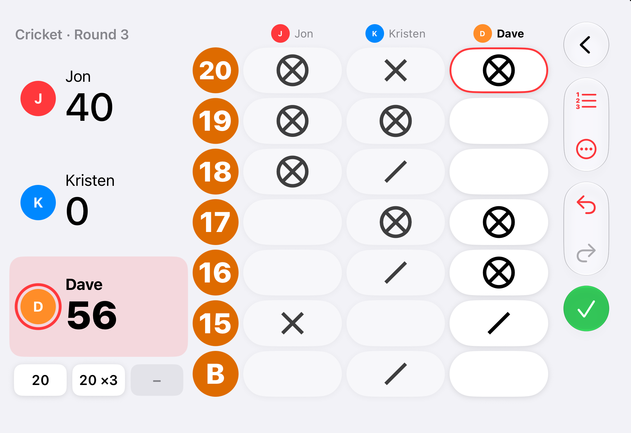 Dart Scoreboard on a folded iPhone Duo held on its side: the scores for Jon, Kristen and Dave beside the Cricket board.