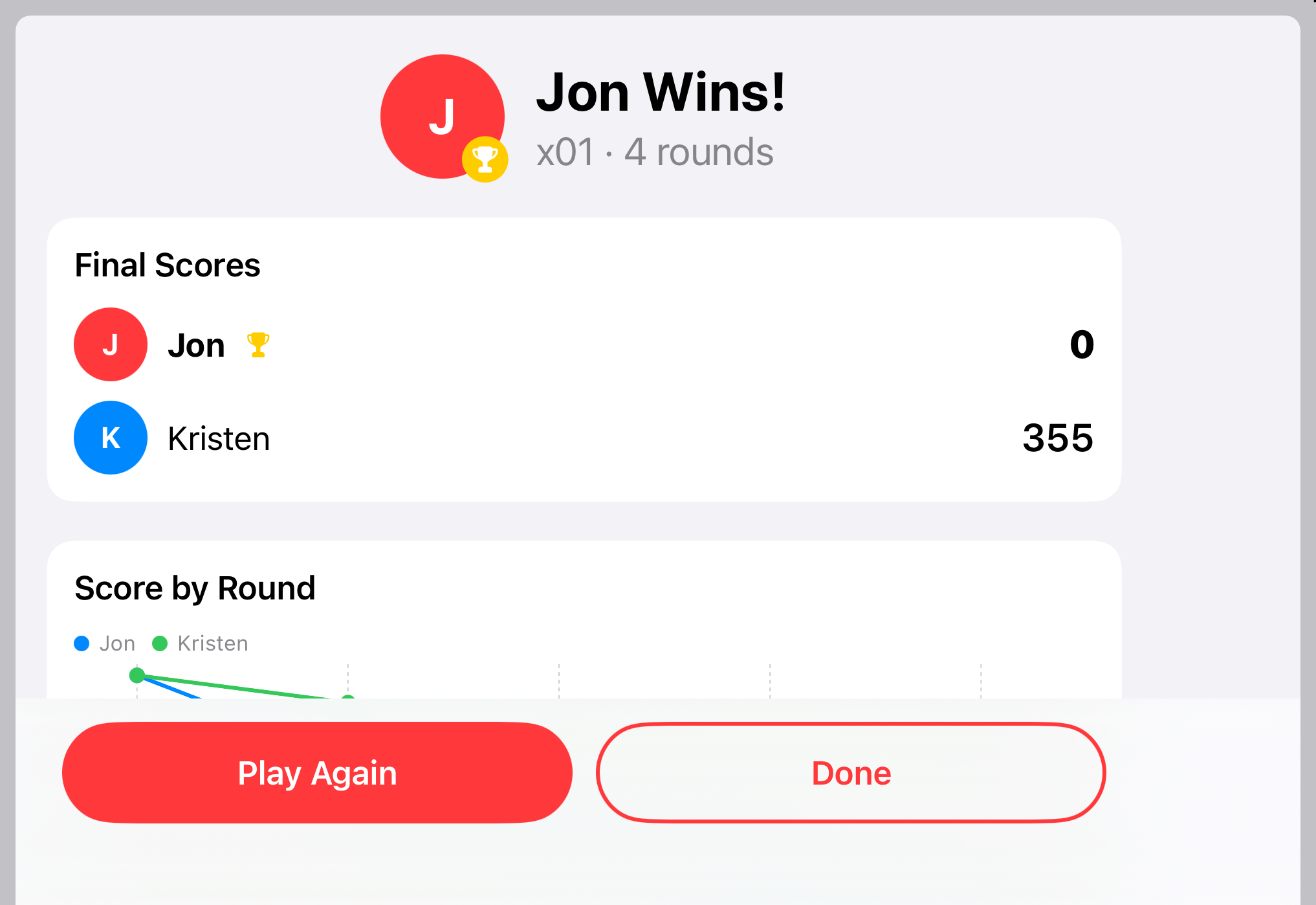 The win screen on a folded iPhone Duo held on its side: Jon wins, with the final scores, and Play Again and Done side by side.