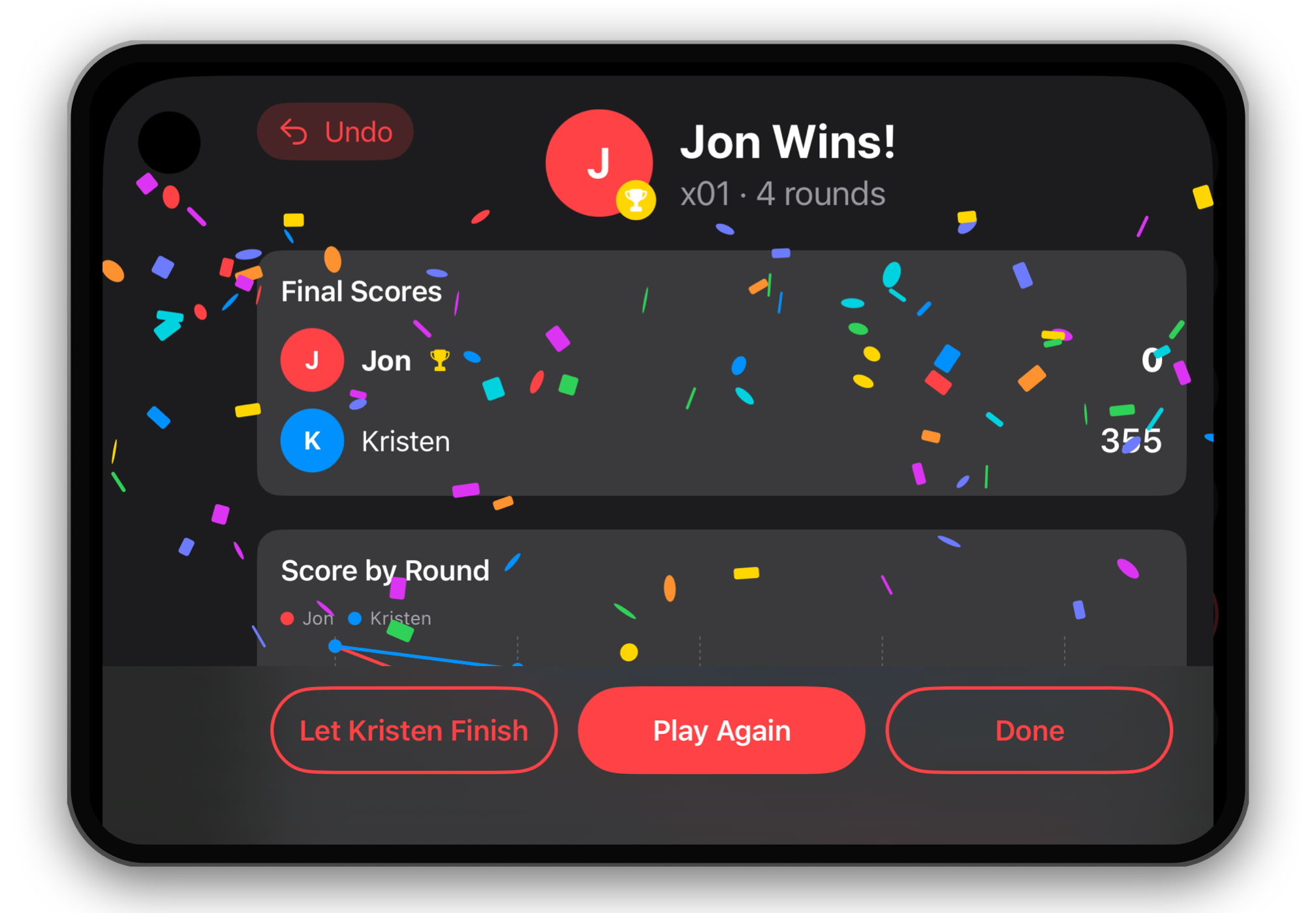 iPhone Duo folded on its side: the win screen, with confetti and the final scores.
