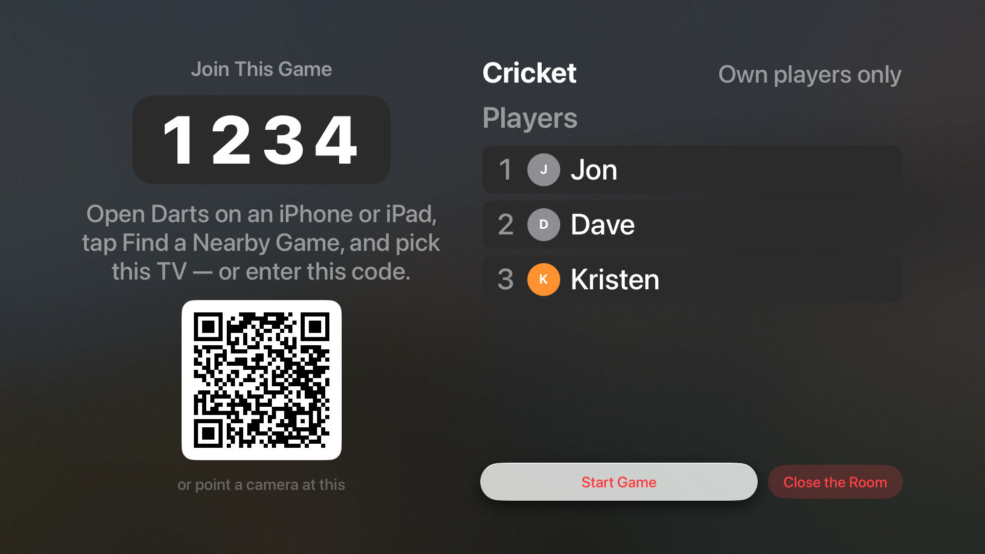 The waiting room on Apple TV: the four-digit join code 1234, a QR code, and players Jon, Dave and Kristen ready to start Cricket.