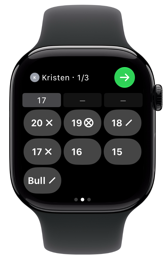 Apple Watch scoring keys for Cricket: Kristen's first of three darts, with buttons for 20, 19, 18, 17, 16, 15 and Bull showing her marks.