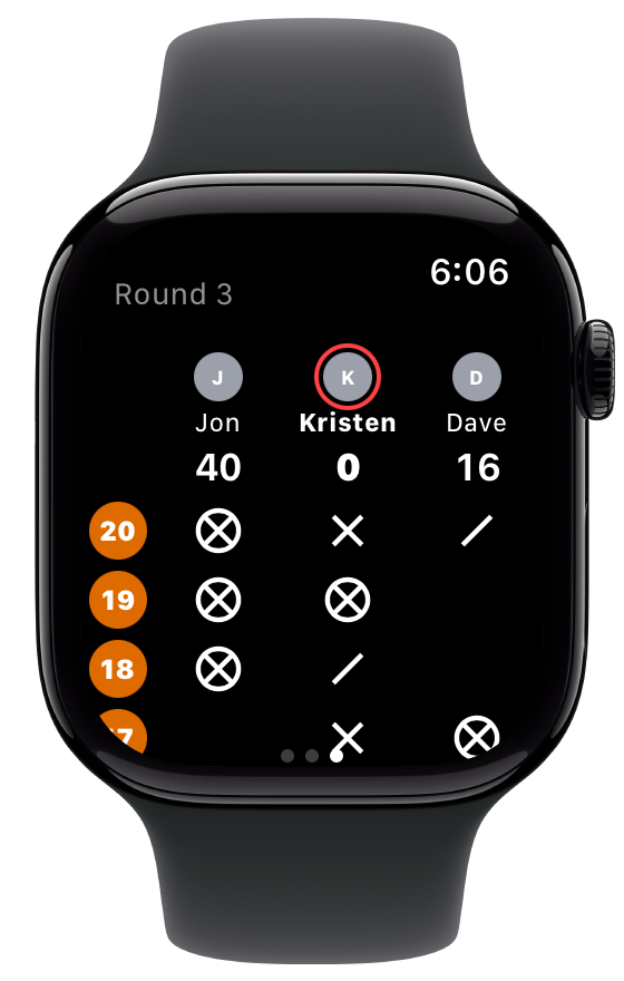 Apple Watch scoreboard in round 3: Jon 40, Kristen 0 and Dave 16, with each player's Cricket marks on 20, 19, 18 and 17.