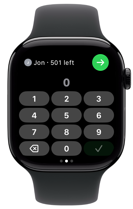Apple Watch keypad for typing a turn total in a 501 game, with Jon to throw and 501 left.