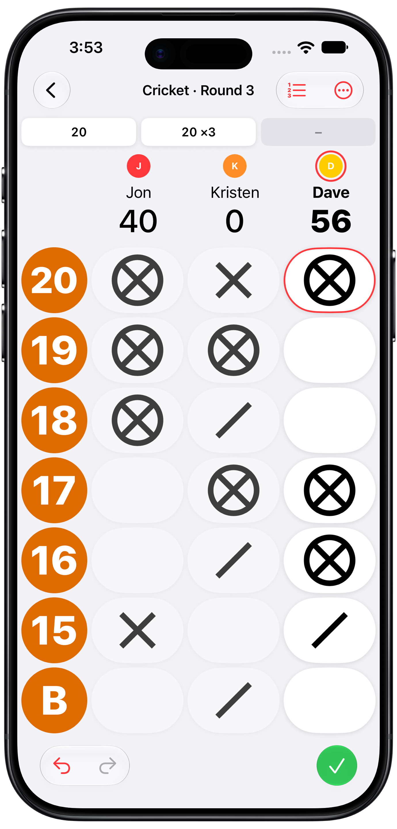 Cricket scoreboard for three players, with marks drawn like chalk on a board