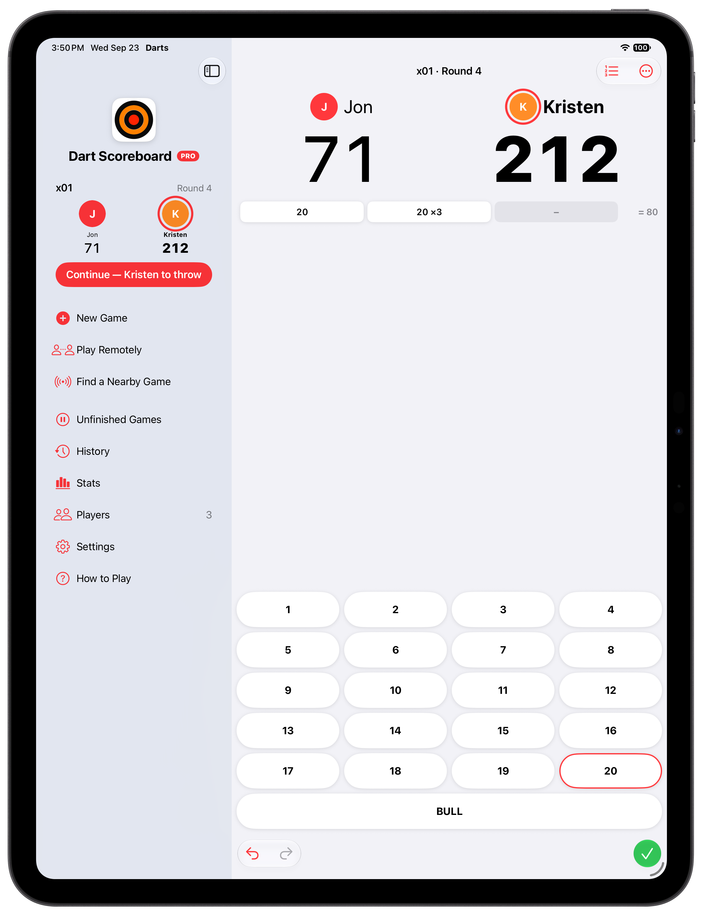 A 501 game on iPad in round 4: Jon 71 and Kristen 212, with number buttons from 1 to 20 and Bull