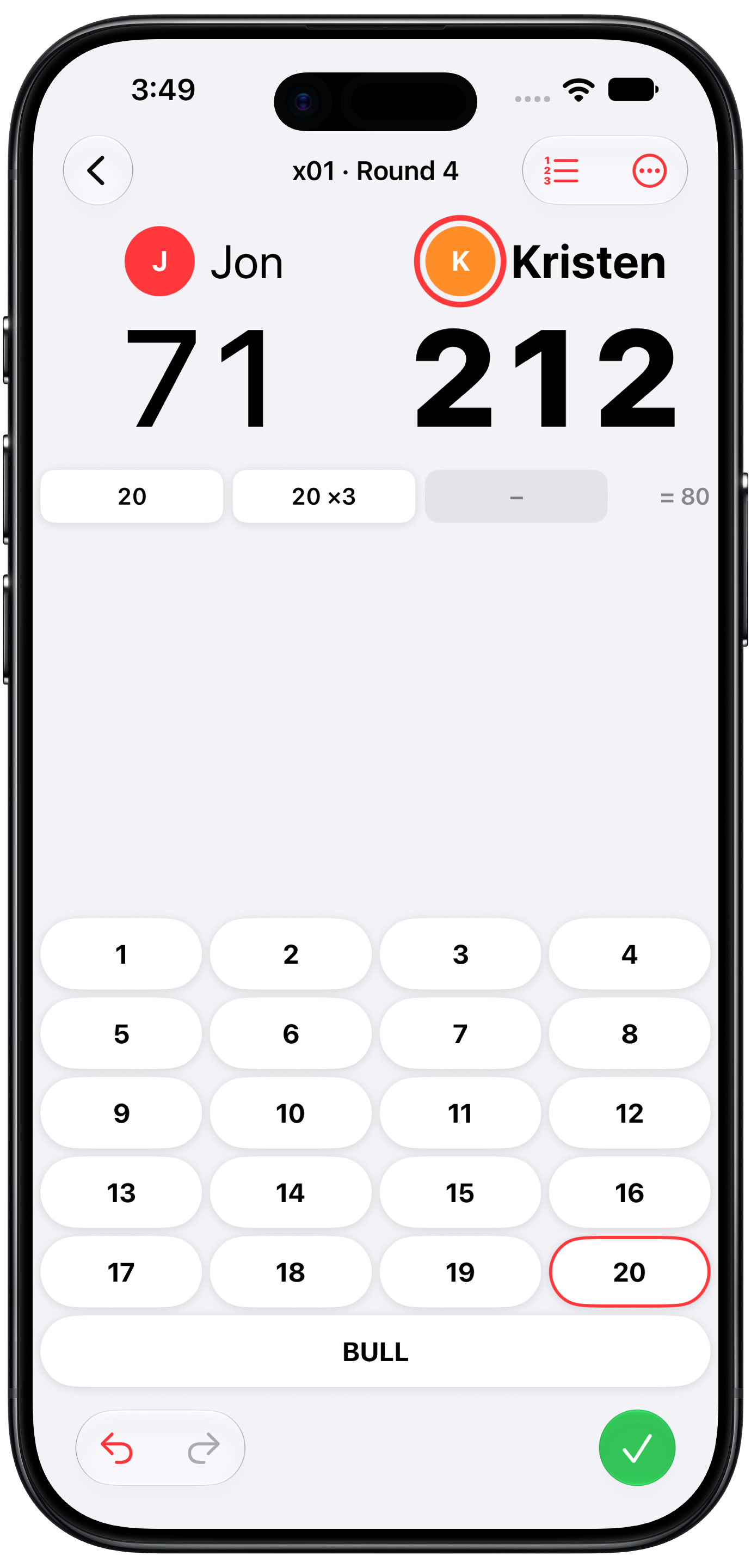 A 501 game showing each player's remaining score and the dart keypad
