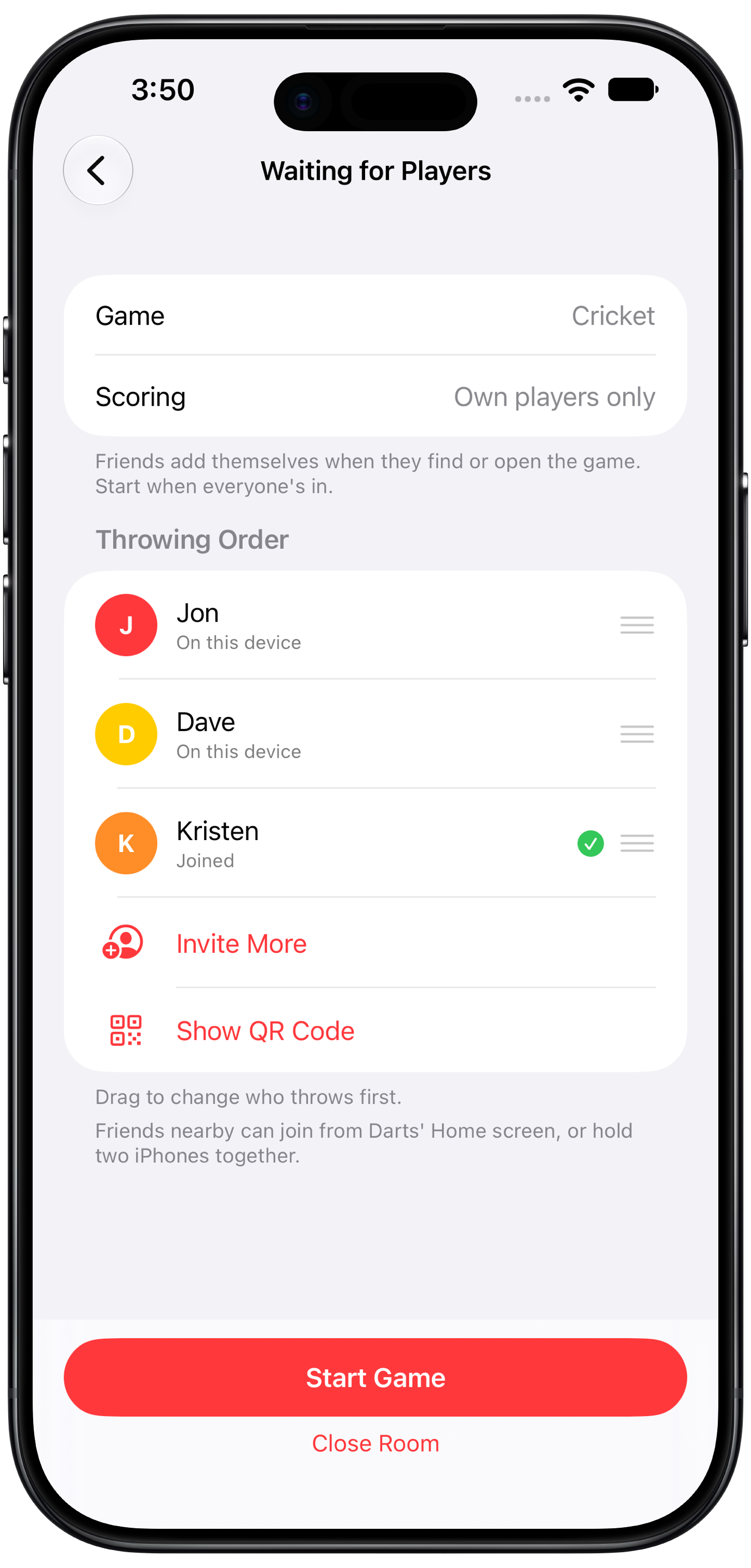 Waiting room for a game across devices, showing the throwing order and who has joined