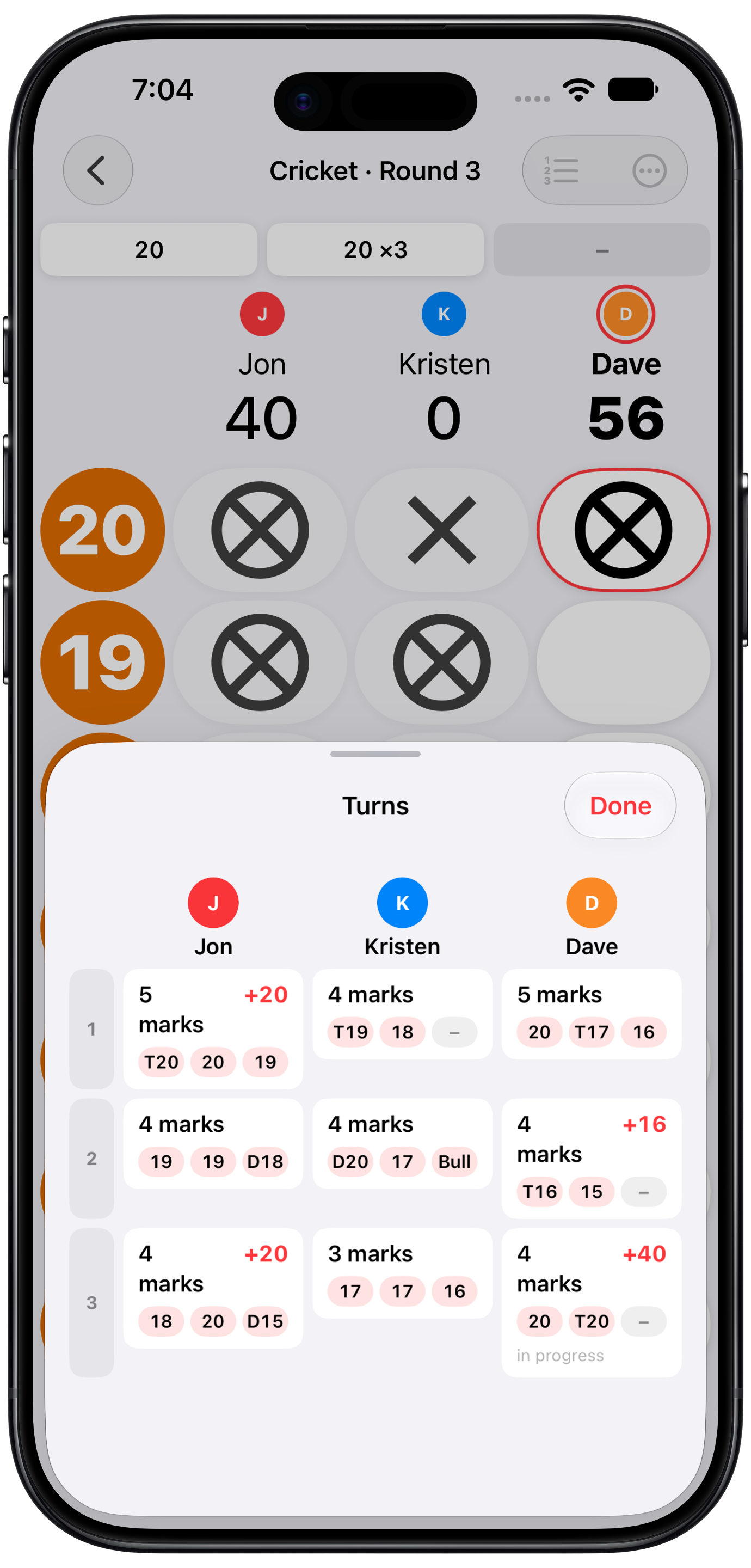 The Turns sheet, listing every dart of a cricket game turn by turn