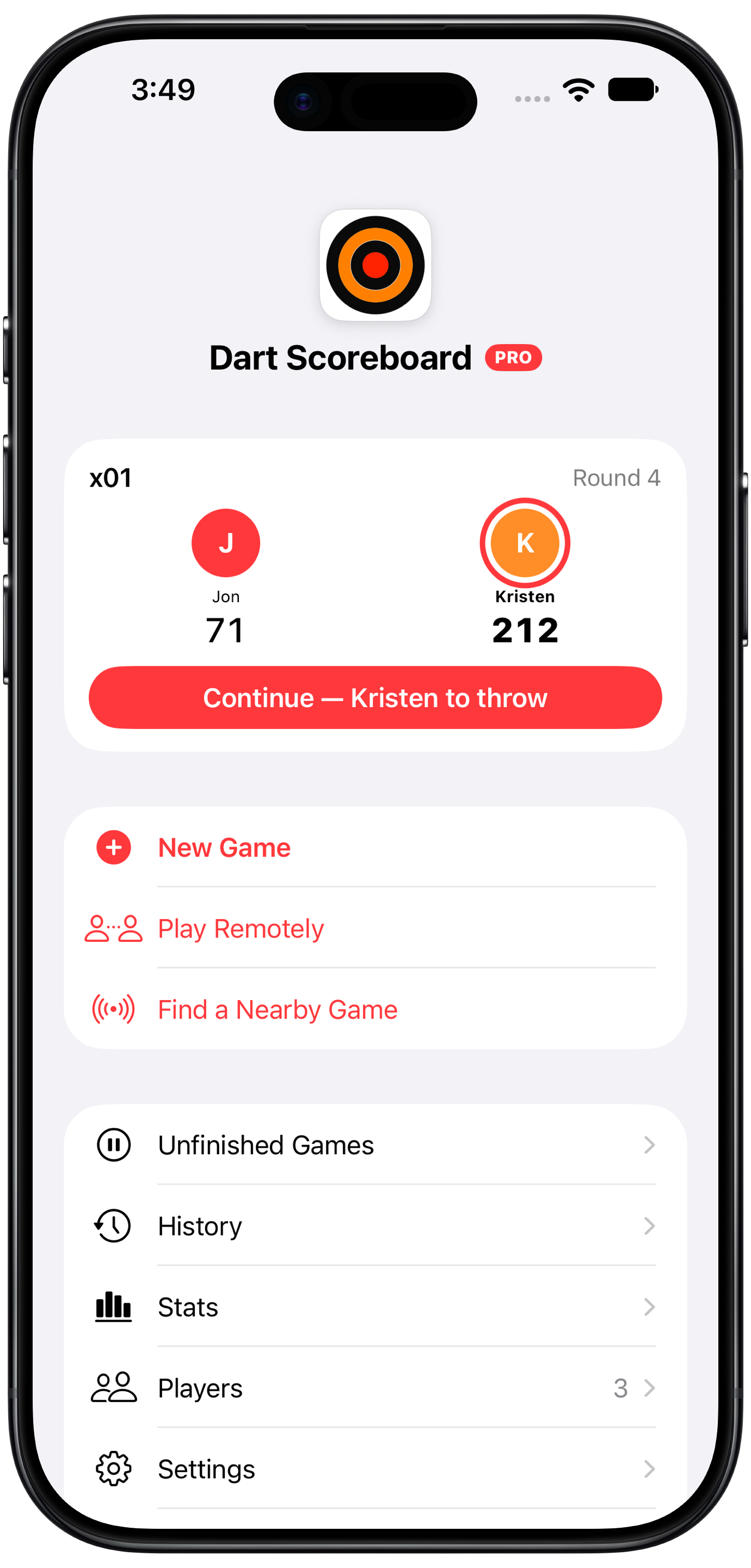 Home screen with the game in progress, new game options, history and stats